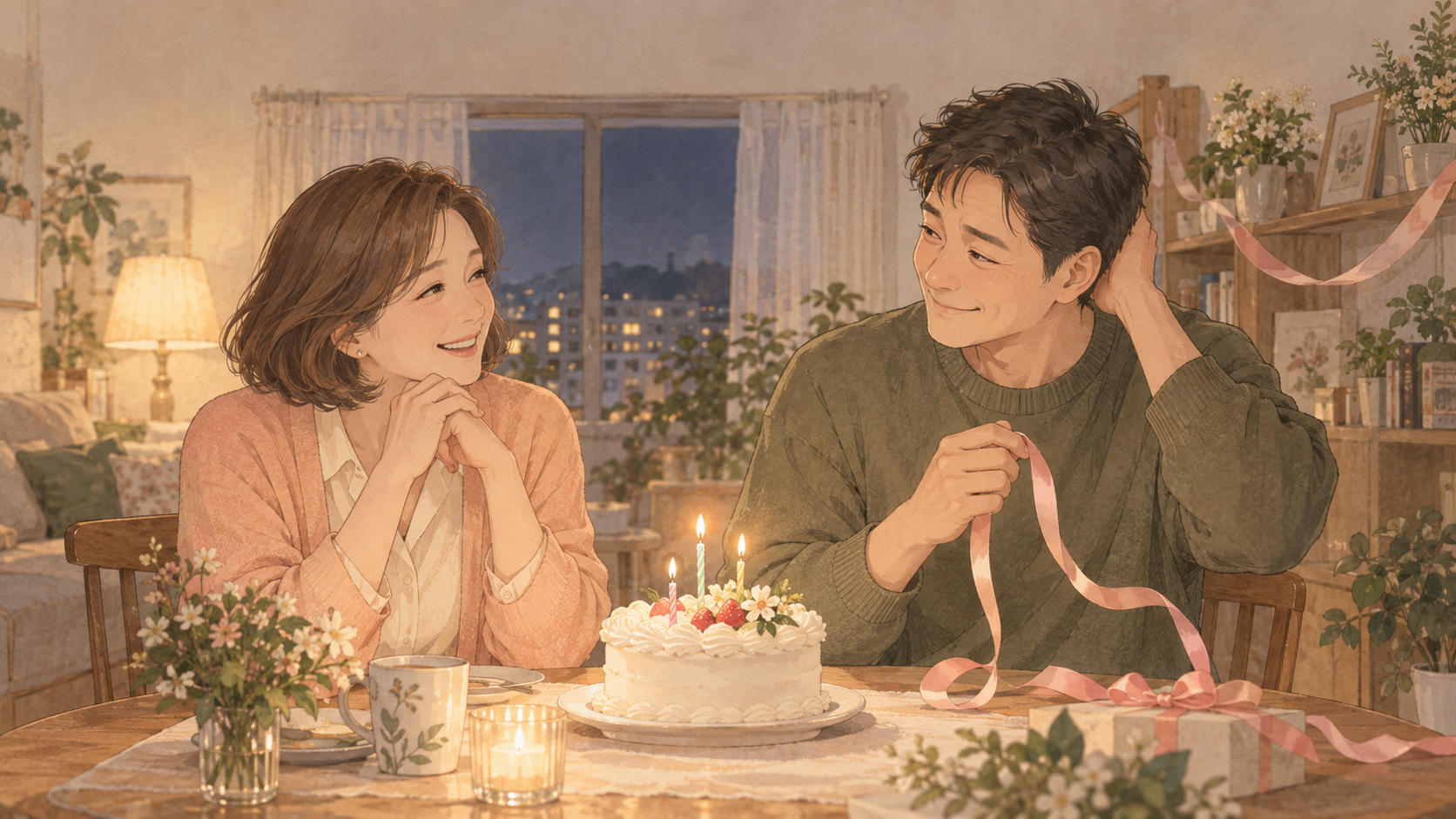 촛불이 켜진 생일 케이크 앞에서 서로를 보며 웃는 가상의 중년 부부